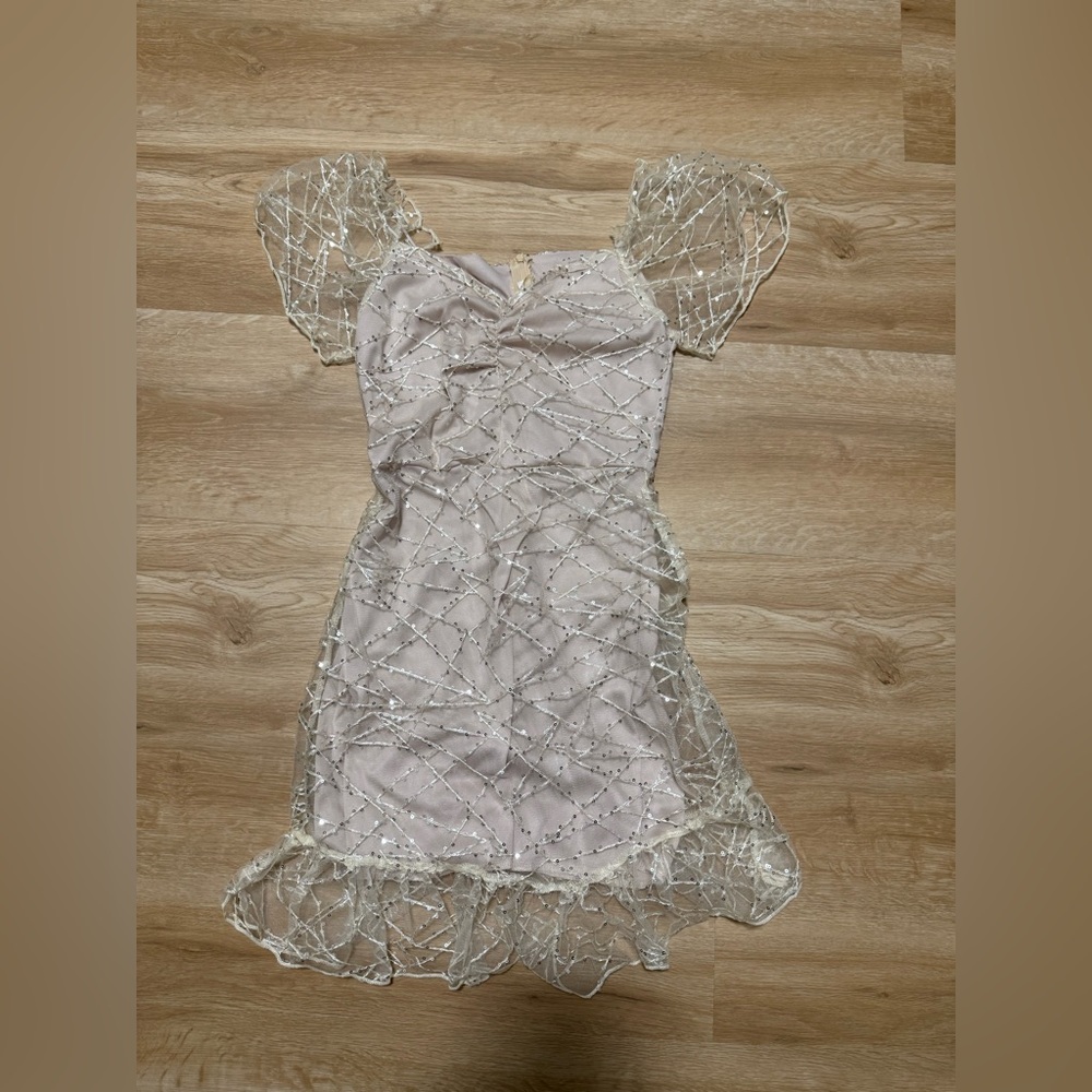 Styled Shimmering Silver and Cream Mini Dress